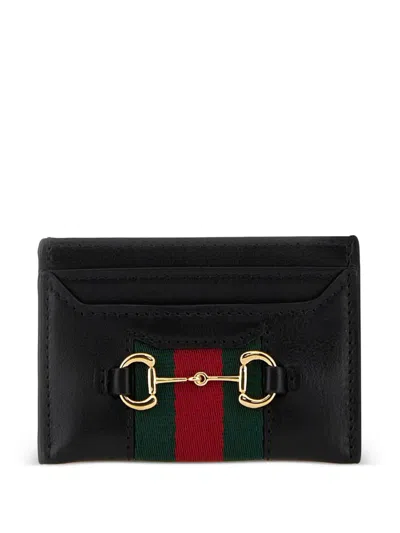 Gucci Horsebit Web Stripe Leather Card Holder In Black