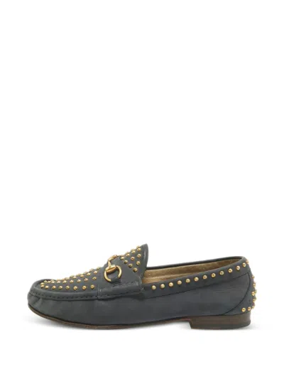 Pre-owned Gucci Horsebit Studded Loafers In Blue