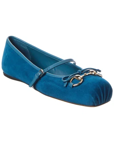 Gucci Horsebit Suede & Leather Ballet Flat In Blue
