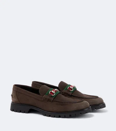 Gucci Horsebit Suede Loafers In Brown