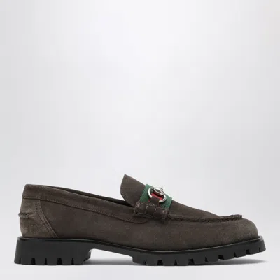 Gucci Horsebit Suede Loafers With Lugged Rubber Sole In Brown