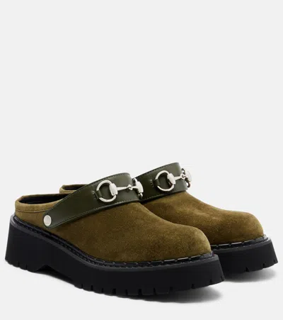 Gucci Horsebit Suede Mules In Green