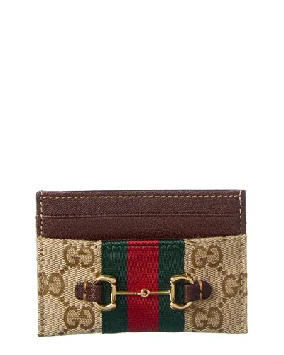 Gucci Horsebit Web Gg Canvas & Leather Card Case In Brown