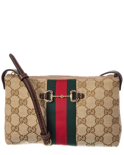 Gucci Horsebit Web Gg Canvas & Leather Shoulder Bag In Brown