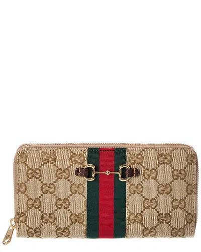 Gucci Horsebit Web Gg Canvas Zip Around Wallet In Brown
