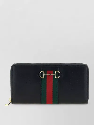 Gucci Horsebit Web Leather Clutch Wallet In Black