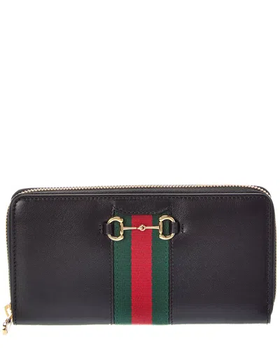 Gucci Horsebit Web Leather Zip Around Wallet In Black
