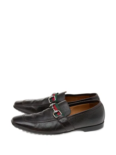 Pre-owned Gucci Horsebit Web Loafers In Brown