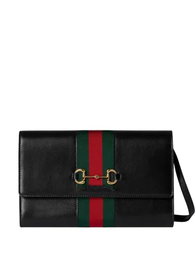 Gucci Horsebit Web Chain Wallet Shoulder Strap In Black