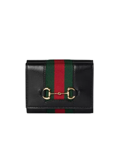 Gucci Horsebit Web Small Tri-fold Wallet In Black