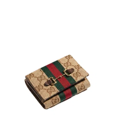 Gucci Horsebit Web Small Tri-fold Wallet In Brown