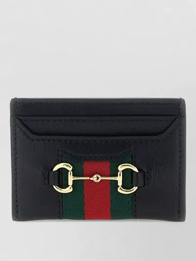 Gucci Horsebit Web Stripe Leather Card Holder In Black