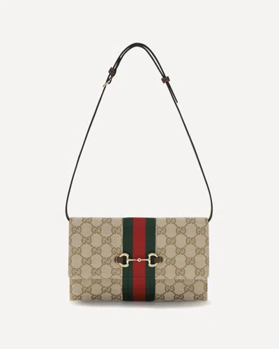 Gucci Horsebit Web Wallet With Shoulder Strap In Brown