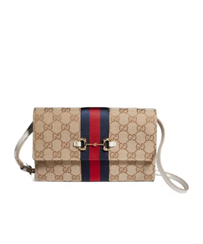 Gucci Horsebit Web Wallet With Strap In Brown