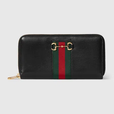 Gucci Horsebit Web Zip Around Wallet In Black
