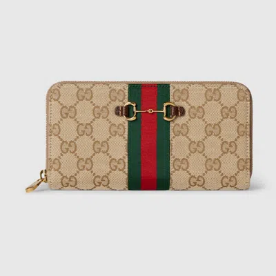 Gucci Horsebit Web Zip Around Wallet In Sand