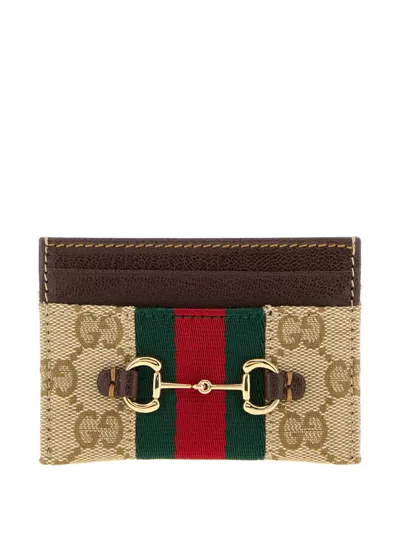 Gucci Card Holder With Horsebit And Monogram In Brown