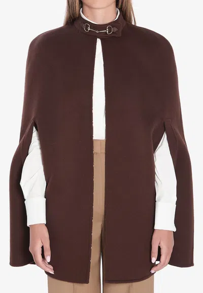 Gucci Brown Cape With Iconic Clamp And Gg All-over Motif Interior In Wool Woman