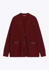 Gucci Women Bordeaux V-neck Cardigan With Metal Clamps On The Front In Wool And Cashmere Blend Woman In Burgundy