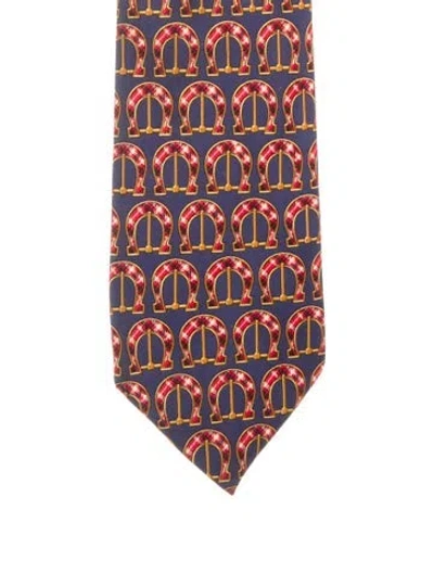 Pre-owned Gucci Horseshoe Print Tie In Blue