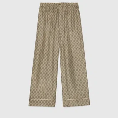 Gucci Gg Supreme Print Silk Trouser In Gray