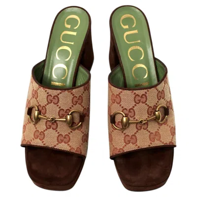 Pre-owned Gucci Houdan Horsebit Original Gg Suede Platform Slide Sandals In Brown