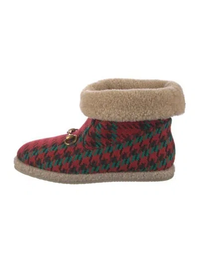 Pre-owned Gucci Houndstooth Print Fur Trim Boots In Red