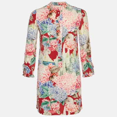 Pre-owned Gucci Hydrangea Print Silk Crepe Mini Shirt Dress Xs In Red