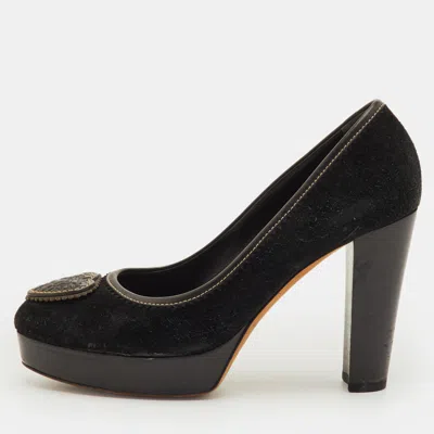 Pre-owned Gucci Hysteria Logo Size 37.5 Black Suede Platform Pumps