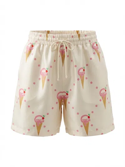 Gucci Ice-cream-print Silk Shorts In White