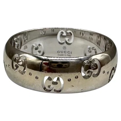 Pre-owned Gucci Icon 18k White Gold Gg Wide Ring 6mm Size 6.75