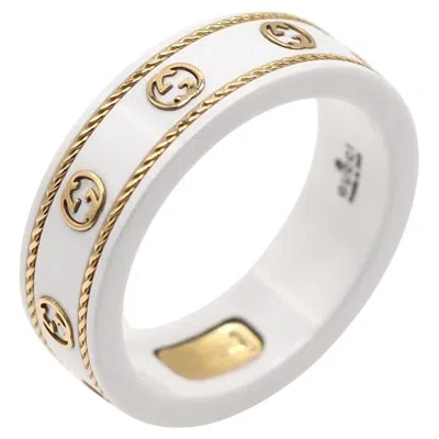 Pre-owned Gucci Icon 18k Yellow Gold White Ceramic Interlocking Gg Band Ring