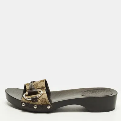 Pre-owned Gucci Icon Bit Size 36 Beige/brown Gg Canvas And Leather Clogs Slide In Sand