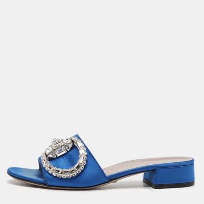 Pre-owned Gucci Icon Bit Size 39 Blue Satin Maxime Crystal Slide Sandals