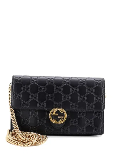 Pre-owned Gucci Icon Wallet On Chain Ssima Leather Crossbody Bag In Black