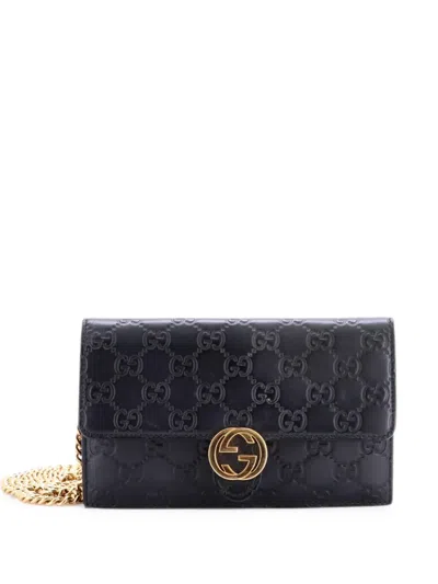 Pre-owned Gucci Icon Wallet On Chain Ssima Leather Crossbody Bag In Black
