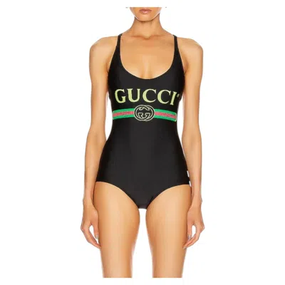 Pre-owned Gucci Iconic One Piece Black With  Vintage Logo Swimsuit, Size S