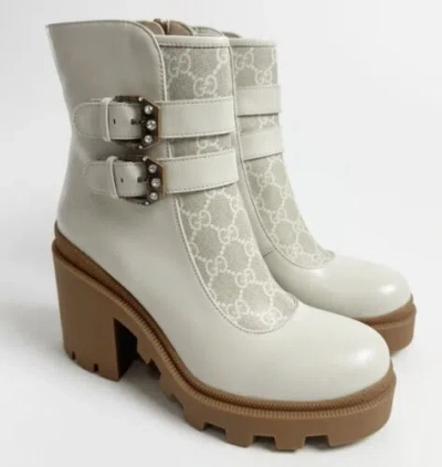 Pre-owned Gucci In Box 100% Auth  White Kensington Gg Crystal Combat Boots 40.5