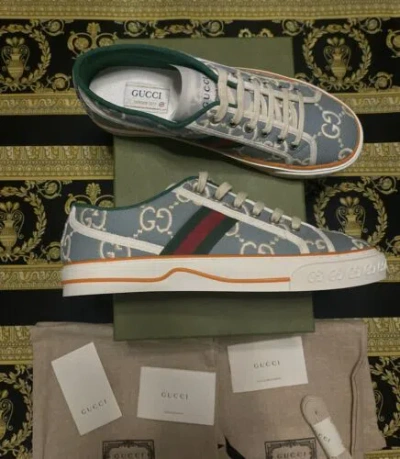 Pre-owned Gucci In Box 100% Authentic  1977 Tennis Sneakers Blue Monogram 42 In Light Blue/ivory