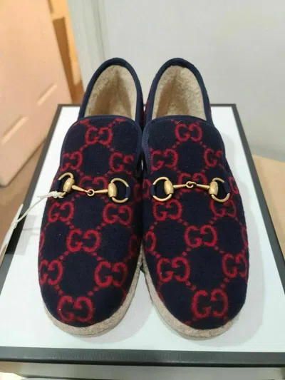 Pre-owned Gucci In Box  Men's Fria Loafer Espadrille Wool Size G8 100% Authentic In Blue/red