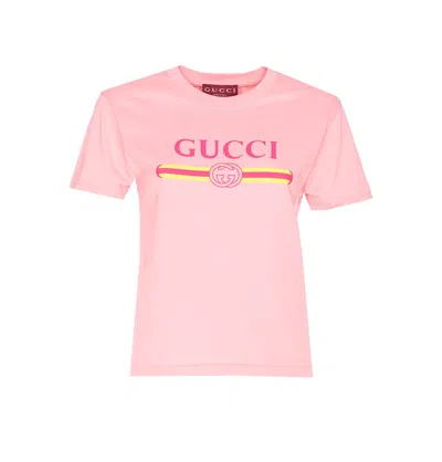 Gucci Women Pink Crewneck T-shirt With Logo Print On The Front In Cotton Woman