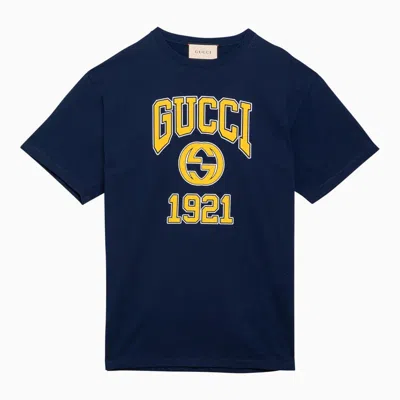 Gucci Ink Cotton T-shirt With Logo Men In Blue