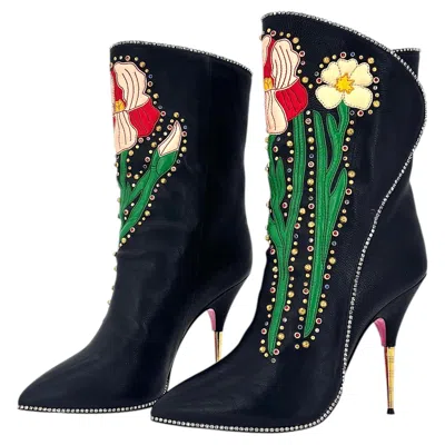 Pre-owned Gucci Intarsia Fosca Floral Black Leather Heeled Boots 40