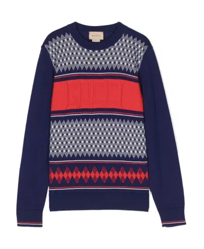 Gucci Intarsia-knit Logo Wool Jumper In Blue