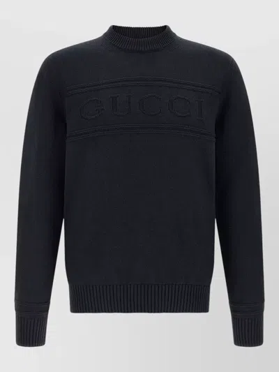 Gucci Intarsia Logo Crew Neck Knit Sweater In Black