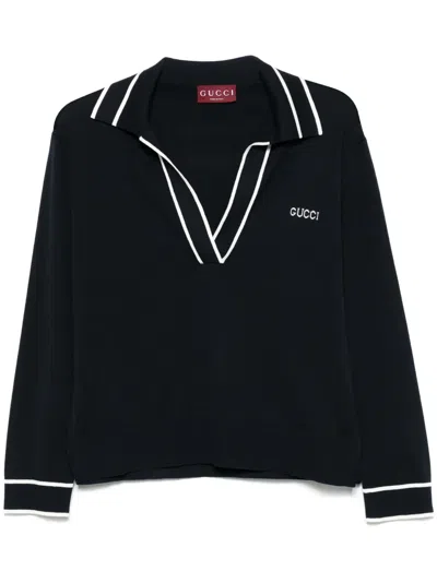 Gucci Striped Intarsia-knit Silk And Cotton-blend Sweater In Blue