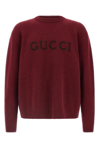 Gucci Bordeaux Crewneck Sweater With Logo Lettering Embroidery On The Front In Wool Man In Burgundy