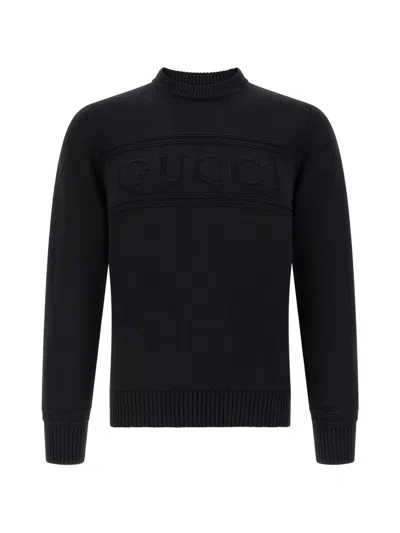 Gucci Intarsia Logo Crew Neck Knit Sweater In Black