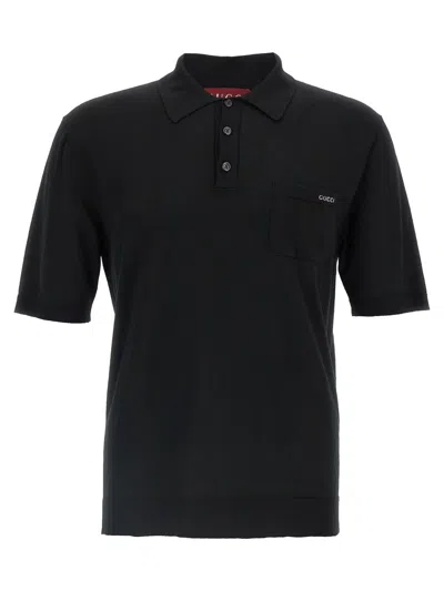 Gucci Black Polo Shirt With Chest Pocket And Embroidered Logo On The Front In Fine Silk Knit Man In Animal Print
