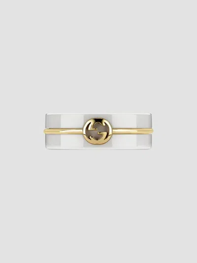 Gucci Interlocking Ceramic & 18k Yellow Gold Ring In Yellow Gold White